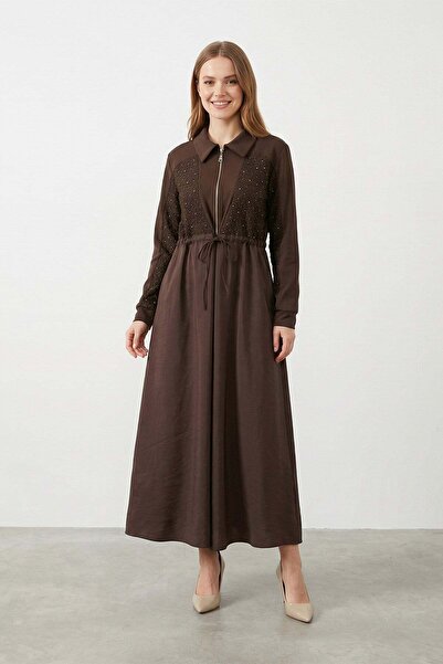 Puane Γυναικείο μακρύ φόρεμα με φερμουάρ και πετράδια - 12674ELB - ΚΑΦΕ