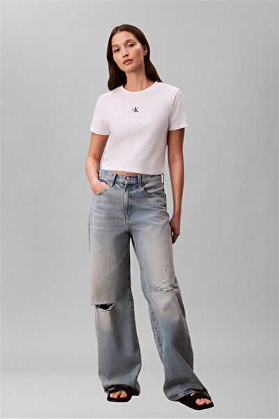 Calvin Klein Short Sleeve Logo Short Women's White Crop Top Lv047Ab213-Yaf