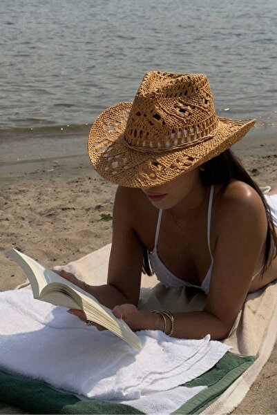 keisy Γυναικείο ψάθινο καπέλο καουμπόι (καμηλό)