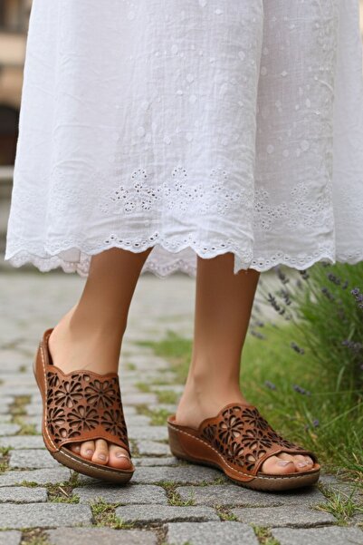 N Napa Shoe Γυναικείες παντόφλες με τακούνι με σφήνα επένδυση από γνήσιο δέρμ...