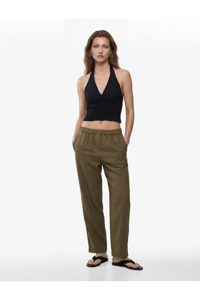 Koton Παντελόνι από λινό με ελαστική μέση και τσέπες σε χρώμα καρότο