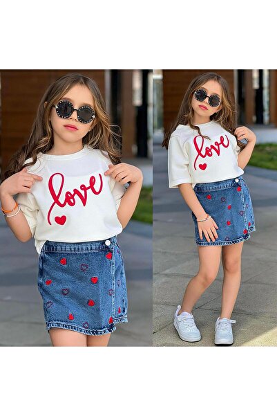 Bambam Κοριτσίστικο Σετ 2 τεμαχίων – Μπλουζάκι με στάμπα Love & Τζιν σορτς-φο...