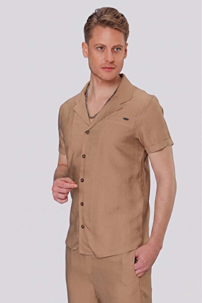 Efor Erkek Slim Fit Keten Karışımlı Rahat Kalıp Apaş Yaka Kısa Kollu Camel Ka...