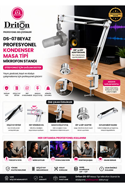 DRİTON DS-07 BEYAZ PROFESYONEL KONDENSER MASA TİPİ MİKROFON STANDI