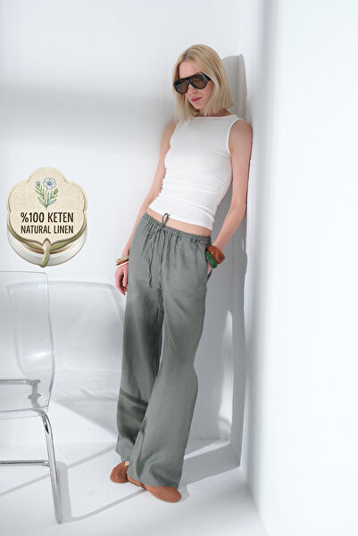 Maule 100% Λινό Άνετο Παντελόνι με Κορδόνια Υφαντό Γυναικείο Παντελόνι @Varuna
