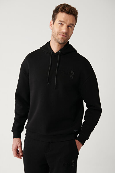 Avva Schwarzes 3-fädiges Raster-Sweatshirt mit Kapuze für Herren A32y1190