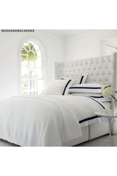 METİNEV White And Navy Blue Framed Cotton Bedding Set