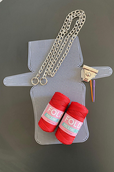 BD fold yarn Σετ πάνινη τσάντα κόκκινο πλέξιμο 33x18cm - Πολυεστερικό μακραμέ...