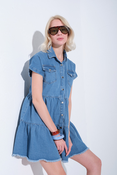 Maule 100% βαμβακερό λειτουργικό μίνι γυναικείο φόρεμα με κουμπιά και οβάλ φο...