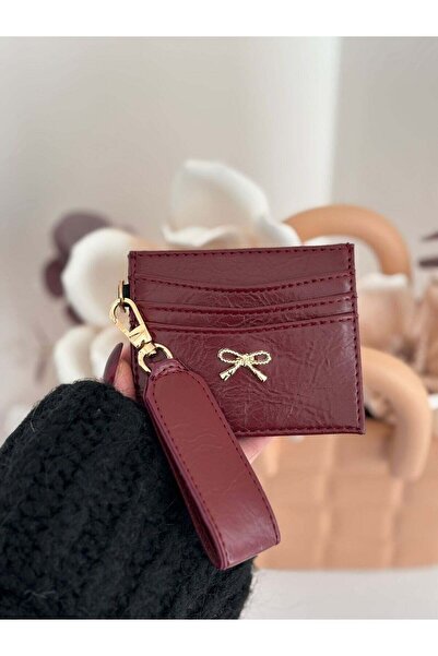 Women's Bow Detailed Shiny Faux Leather Card Holder with Keychain