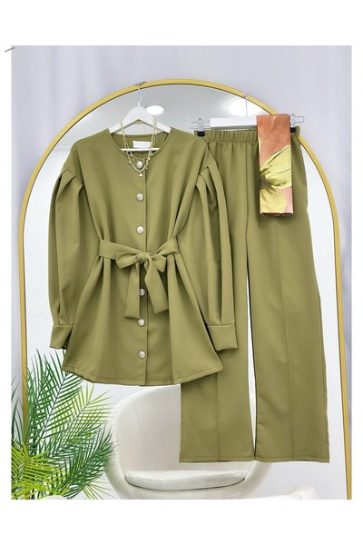 YEDİLALE Doppelkrepp-Jacke mit Ballonärmeln und Knöpfen, Hose, zweiteiliger A...
