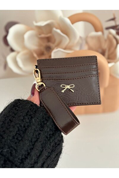 Women's Bow Detailed Shiny Faux Leather Card Holder with Keychain