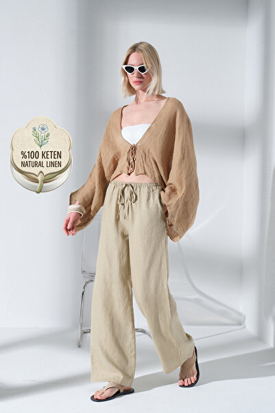 Maule 100% Λινό Άνετο Παντελόνι με Κορδόνια Υφαντό Γυναικείο Παντελόνι @Varuna