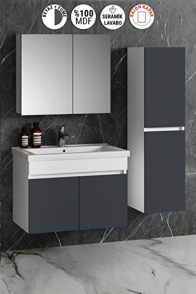 ÖZCEDEN Çiğdem 80+35 cm Beyaz-Füme Balon MDF Seramik Lavabolu Sepetli Asma Ba...