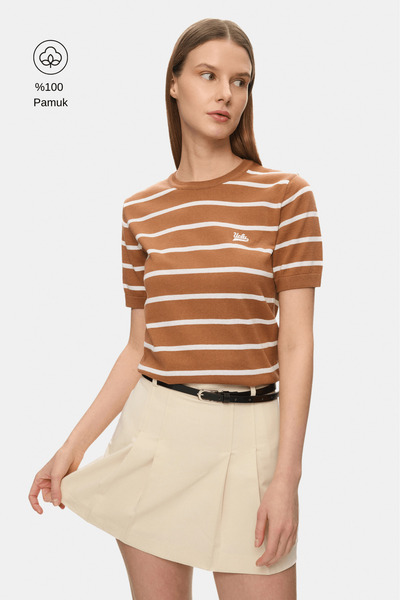 UCLA Γυναικείο μπλουζάκι MISHA με ρίγες σε καφέ χρώμα, πλεκτό με κέντημα, 100...