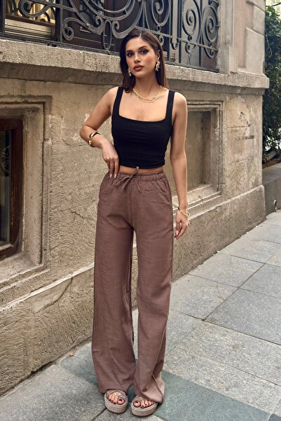 BEJNA Γυναικείο παντελόνι Palazzo από λινό με υφή βιζόν και χαλαρή εφαρμογή