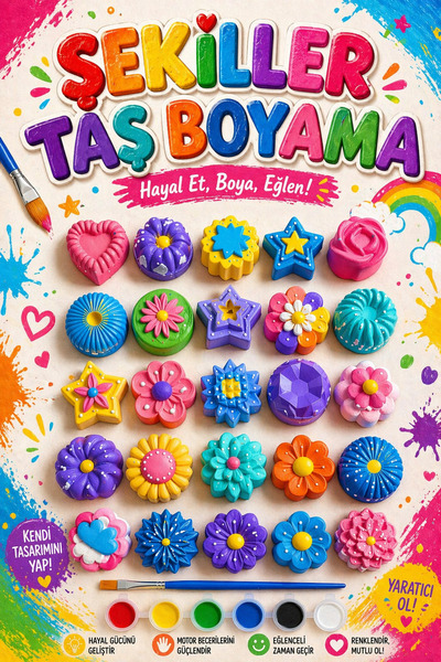 Atölye yüksel Şekiller Taş Boyama Seti = 24 Taş + 6 Renk Boya + 1 Fırça