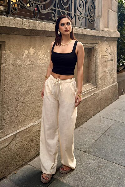 BEJNA Γυναικείο Παντελόνι Παλάτσο με Κρεμ Υφή Λινό και Χαλαρή Γραμμή