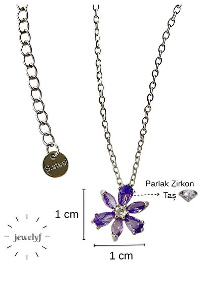 Jewelyf Çiçek Kolye Zirkon Taşlı Mor Çelik (Kutulu Gönderim)