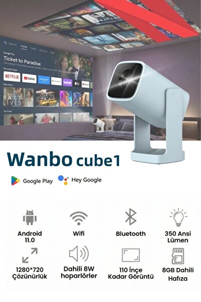 wanbo Cube 1 WiFi ve Bluetooth Özellikli Projektör, Google Sesli Kontrol