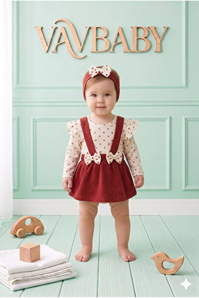 VaVbaby Baby Girl Red Report-Style Gilet Skirt and Heart Patterned Bodysuit Set