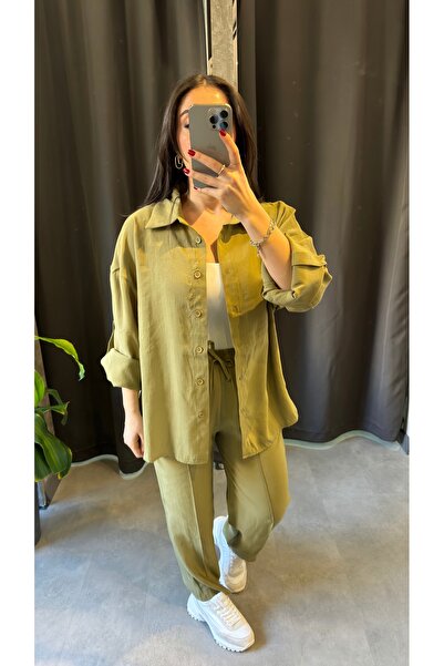 Butik Yağ Yeşili Tensel Kumaş Takım