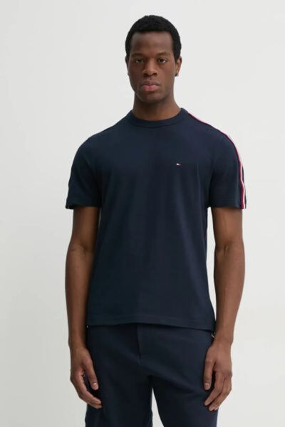 Tommy Hilfiger تي شيرت رجالي أزرق داكن بأكمام قصيرة وخطوط مخططة وقصيرة من الق...