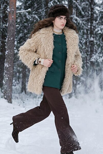 Nihan Fringed Faux Fur Coat Beige