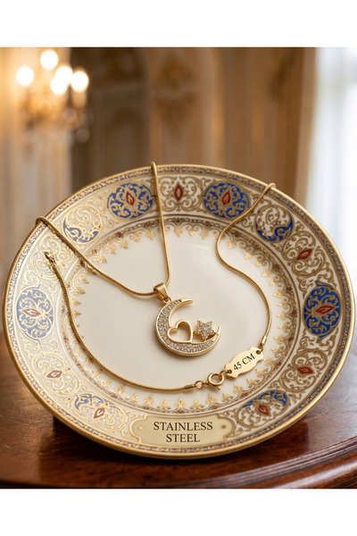 stainless steell gold renk ay yıldız kalp model paslanmaz çelik kolye