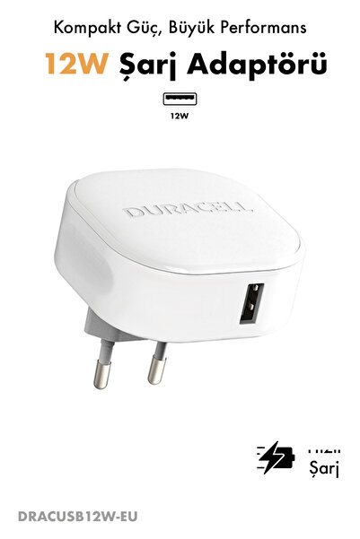 Duracell 12W USB-A Seyahat Şarj Adaptörü – Telefon ve Tablet Hızlı Şarj Cihaz...