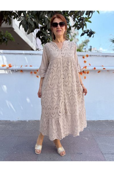 DenizEge All Button Embroidered Dress Beige