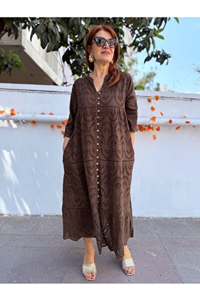 DenizEge Φόρεμα με όλα τα κουμπιά Κεντητό σε καφέ χρώμα
