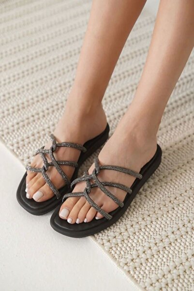 aczagul butik Μαύρες γυναικείες πέτρινες παντόφλες