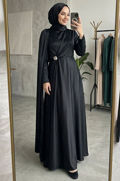 N.S NEVA STYLE Μαύρο Σατέν Βραδινό Φόρεμα Τεσεττούρ με Λεπτομέρεια Κάπας 4884S