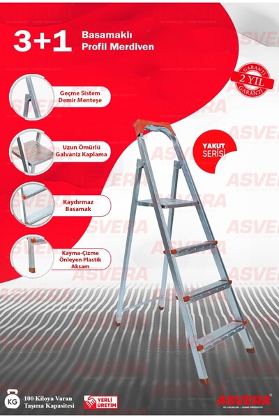 ASVERA Elmas Serisi - 3+1 Basamaklı Galvanizli Profil Merdiven | Ev, Bahçe ve...