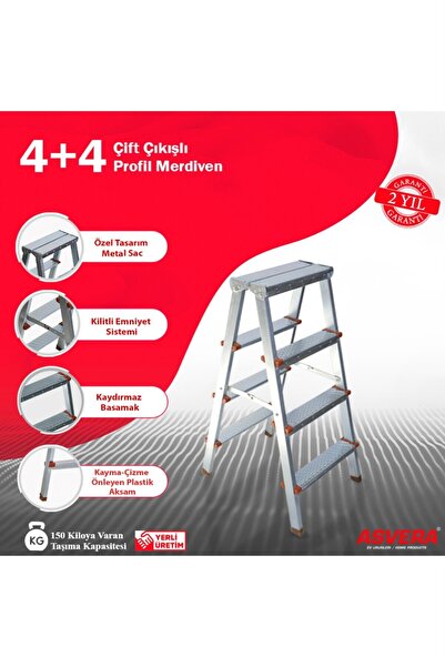 ASVERA 4+4 Çift Çıkışlı A Tipi Katlanabilir Profil Merdiven - Çift Taraflı Ga...