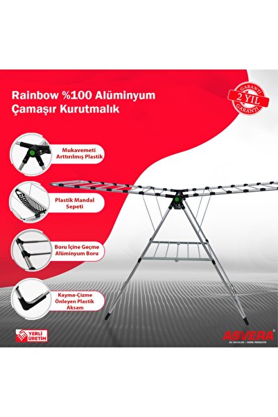 ASVERA Rainbow %100 Alüminyum Paslanmaz Çamaşır Kurutma Askısı - Kalın Borulu Tam Alüminyum