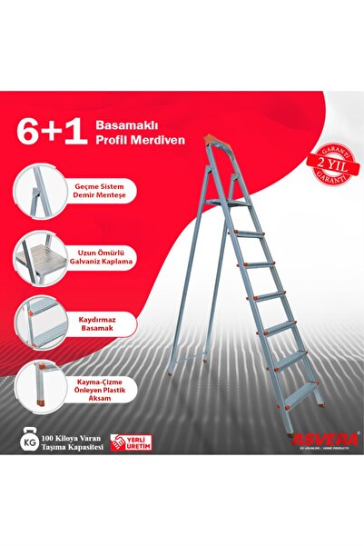 ASVERA Yakut Serisi 6+1 Basamaklı Galvanizli Profil Merdiven - Ev - Bahçe - İ...