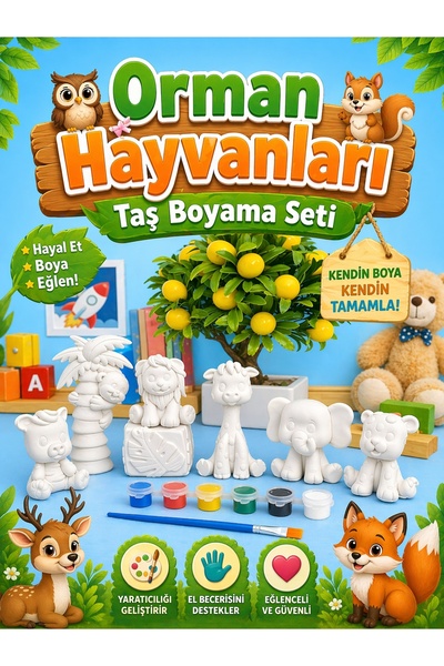 Atölye yüksel Orman Hayvanları Taş Boyama Seti = 7 Taş + 6 Renk Boya + 1 Adet...