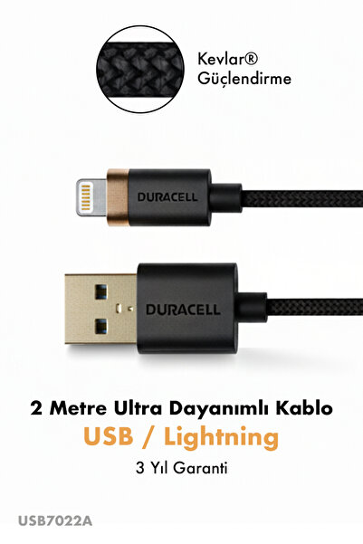 Duracell USB-A to Lightning Hızlı Şarj Kablosu 2 metre Kevlar Örgülü Dayanıkl...