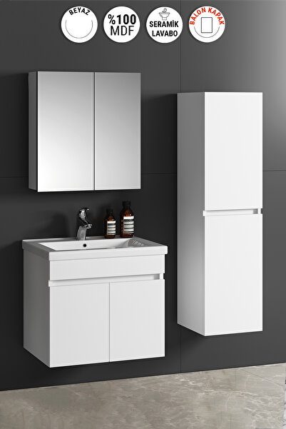 ÖZCEDEN Çiğdem 55+35 cm Beyaz Balon MDF Seramik Lavabolu Asma Banyo Dolabı Ta...