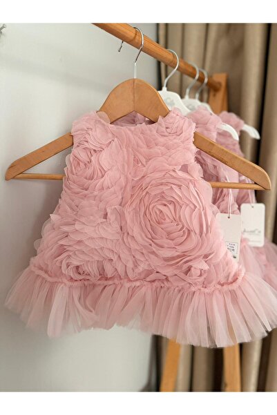 İKO BABY KIZ BEBEK 9-24 AY FİYONKLU PUDRA TÜLLÜ ELBİSE