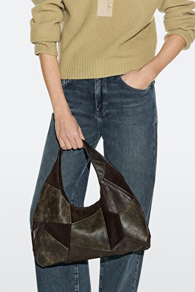 Massimo Dutti Orta boy patchwork süet deri çanta