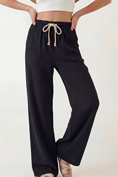 Veleno Γυναικείο παντελόνι Palazzo Μουσελίνα Μαύρο με φαρδιά μπατζάκια και ψη...