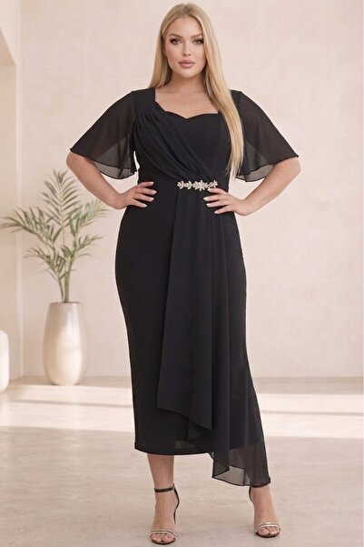 Butik Nilyam Γυναικείο βραδινό φόρεμα με λαιμόκοψη σιφόν με μανίκια μέση πέτρ...