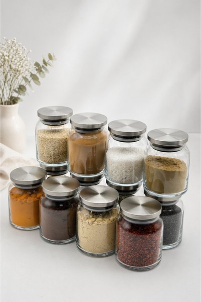 LİNGO HOME 12-Pack 300ml Vacuum Glass Spice Jar with Metal Lid Stainless Steel -Labeled- 9*7cm