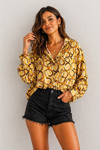 İLKCET MODA Άνετο γυναικείο πουκάμισο με σατέν σχέδιο oversize