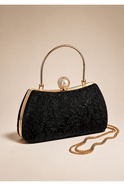 Famels Μαύρη ειδική ανάγλυφη τσάντα βραδινού φορέματος από ύφασμα μπροκάρ, τσ...
