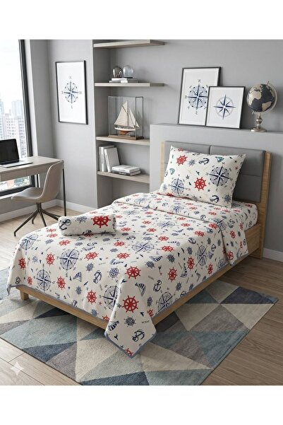 ŞENER HOME Σετ μονό πικέ με μοτίβο Sailor Sail με ελαστικό σεντόνι - Λευκό
