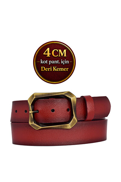 GoDeri حزام جينز نسائي أحمر - جلد طبيعي 100%، إبزيم ذهبي، 4 سم = 08- ذهبي